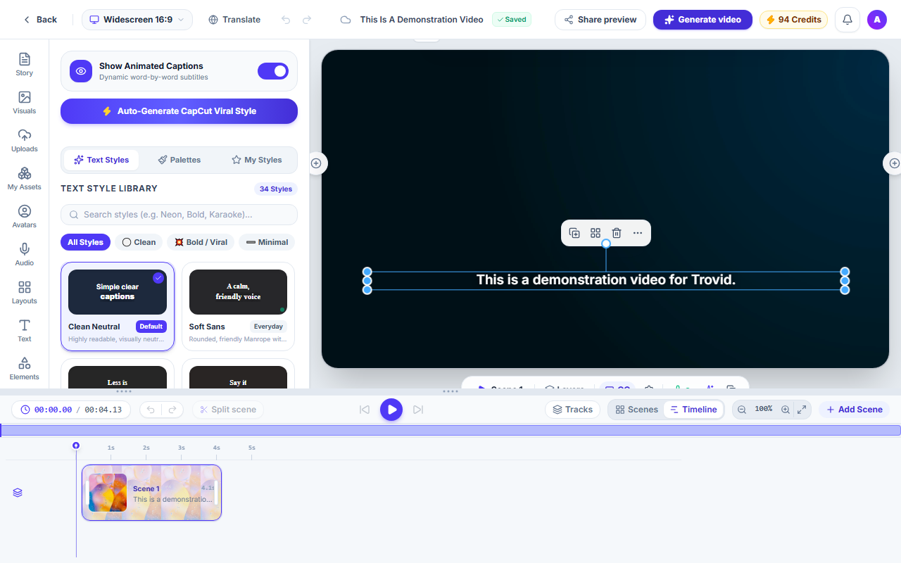 The caption editor showing caption styles, fonts and a video preview with a highlighted word