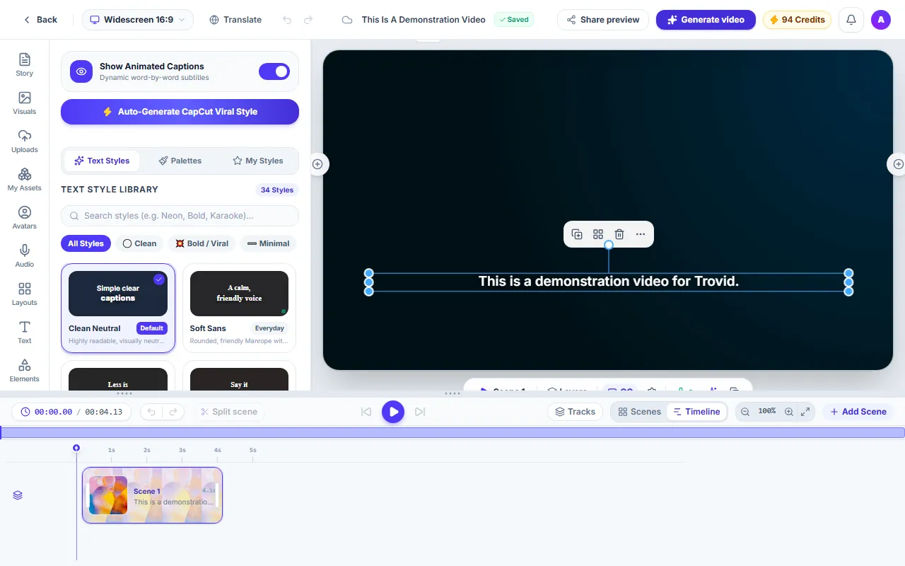The caption style panel next to a video preview