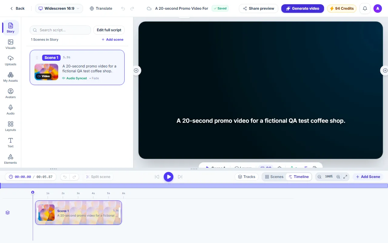 The Studio editor with a storyboard of scenes, a video preview and a timeline