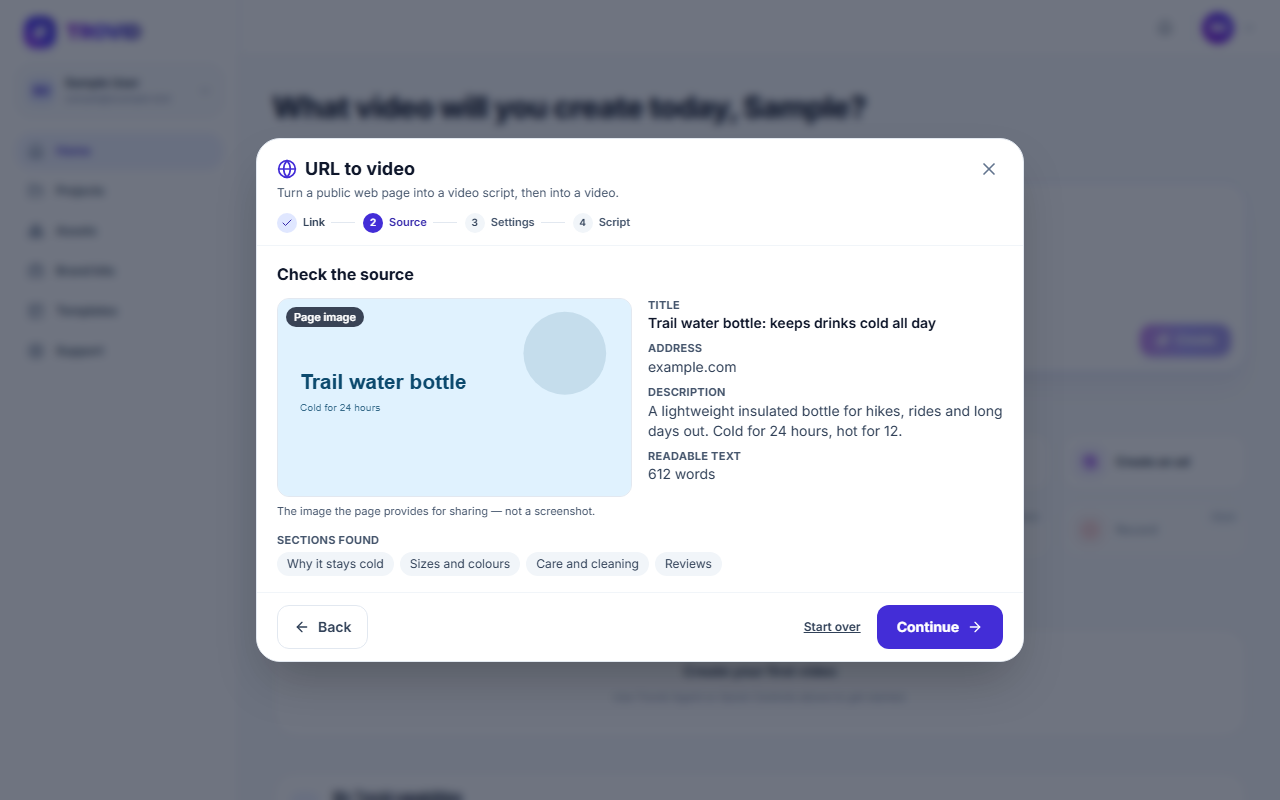 The URL to video dialog showing a scanned web page and the script written from it