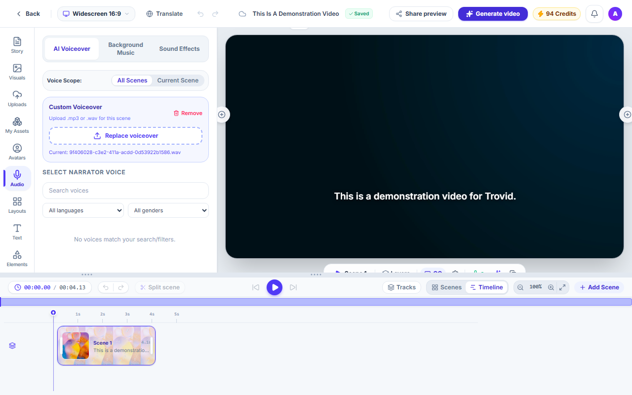 The Studio Audio panel with voice scope, a custom voice-over upload and a narrator voice list with search, language and gender filters